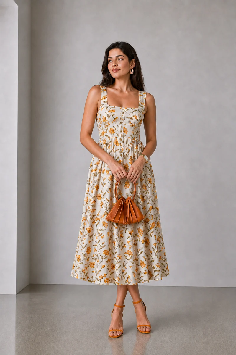 Arden|Viscose Square Neck Printed Midi Dress