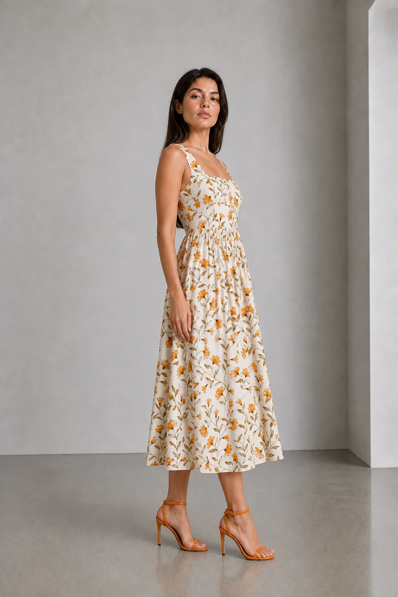 Arden|Viscose Square Neck Printed Midi Dress