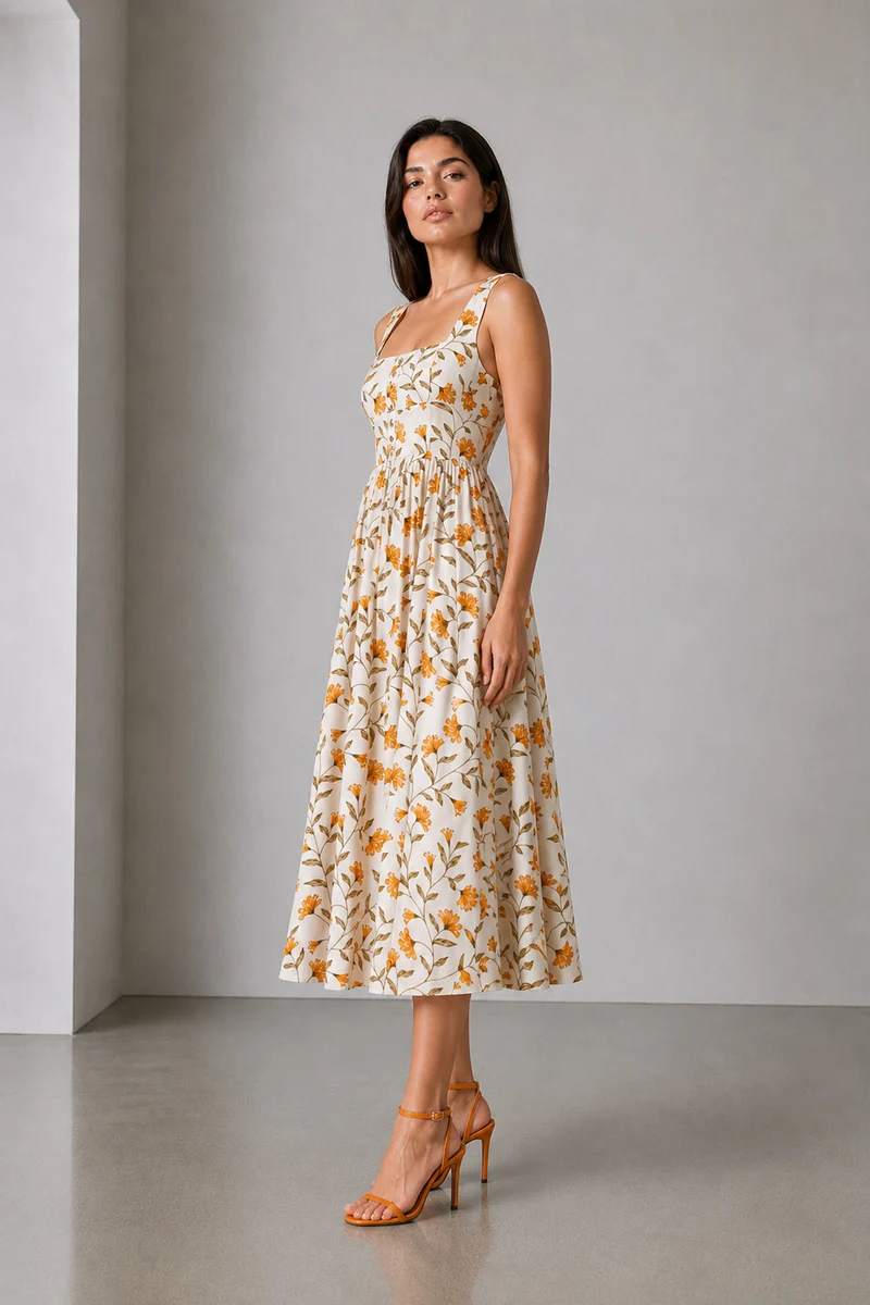 Arden|Viscose Square Neck Printed Midi Dress