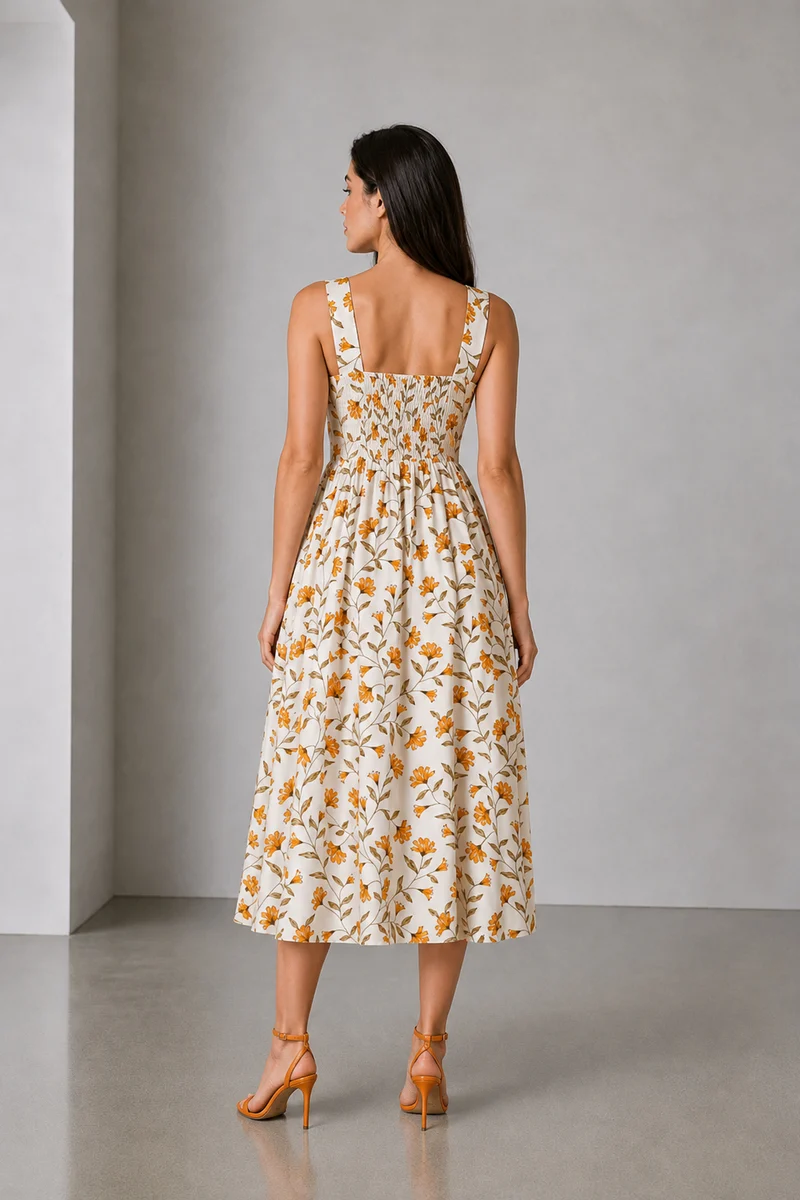Arden|Viscose Square Neck Printed Midi Dress
