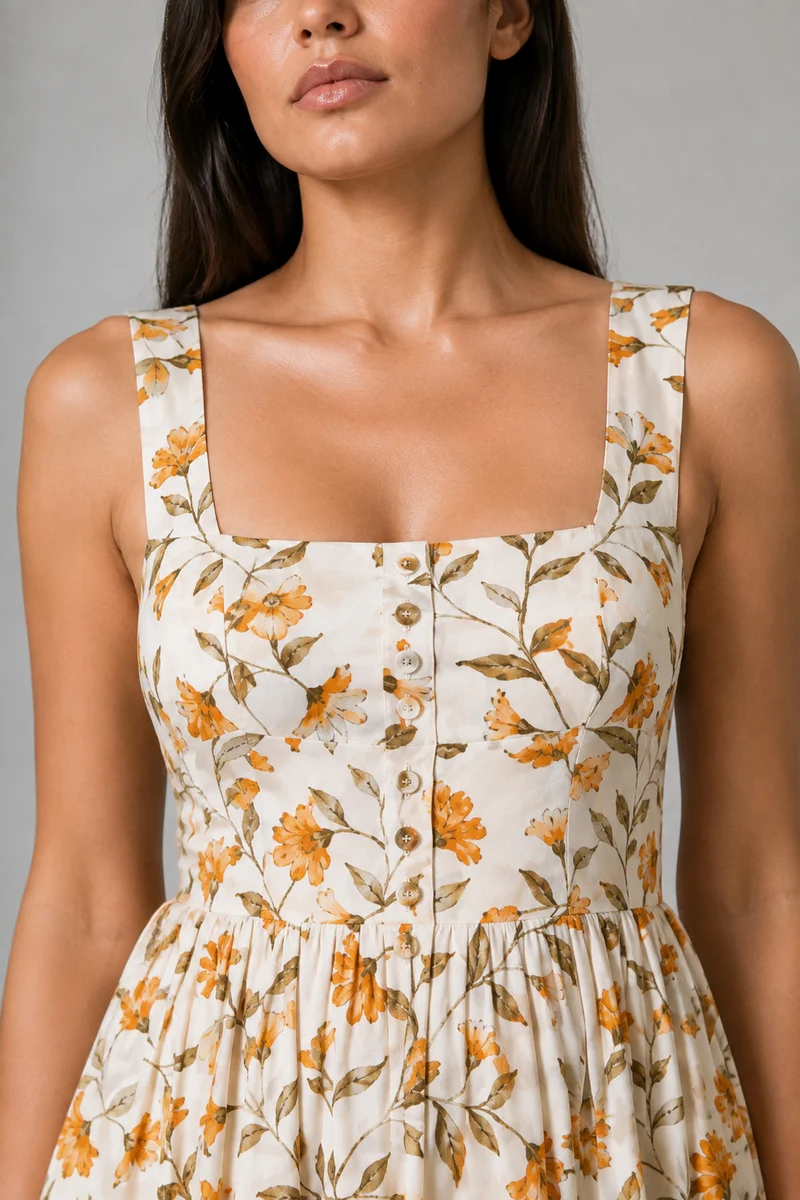 Arden|Viscose Square Neck Printed Midi Dress