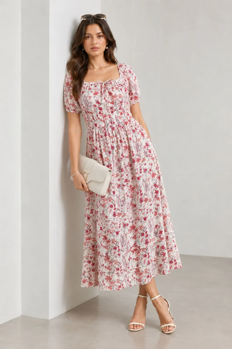Molina|Viscose Floral Square Neck Midi Dress