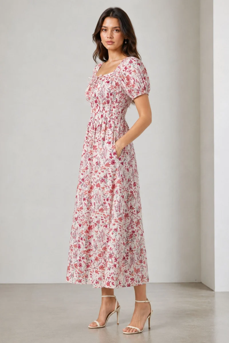 Molina|Viscose Floral Square Neck Midi Dress