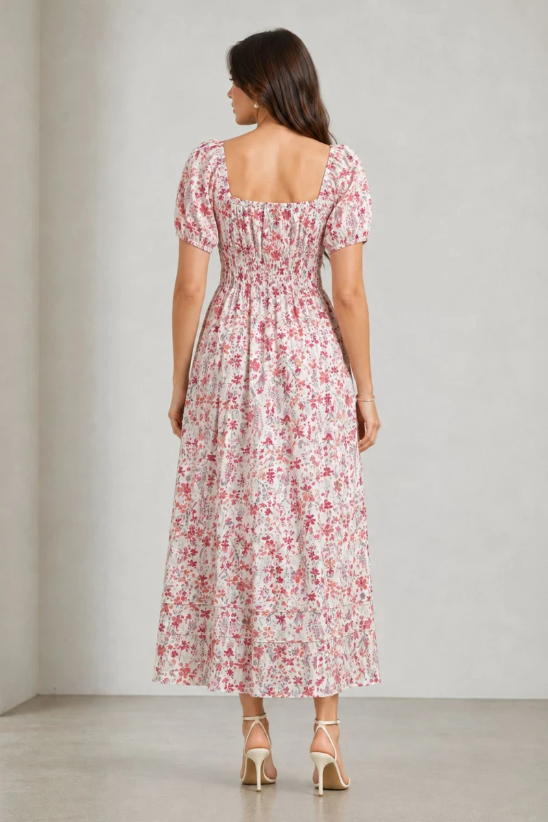 Molina|Viscose Floral Square Neck Midi Dress