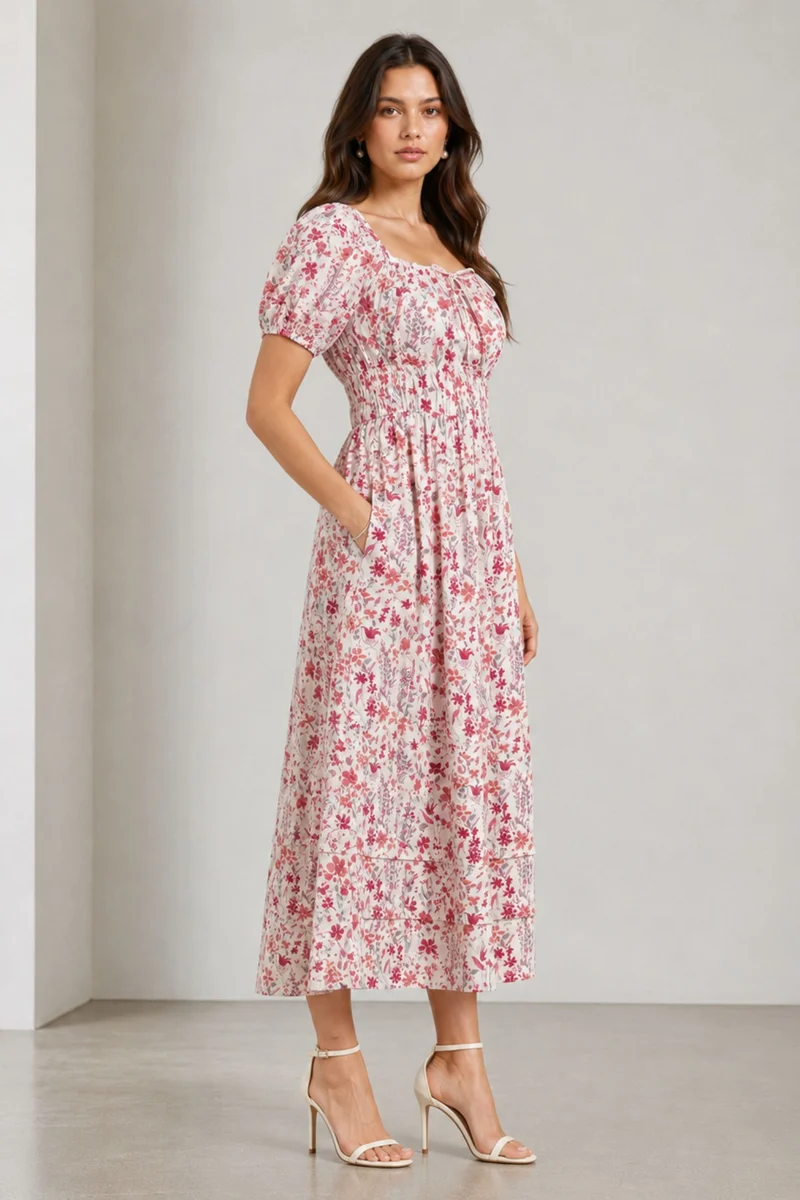 Molina|Viscose Floral Square Neck Midi Dress