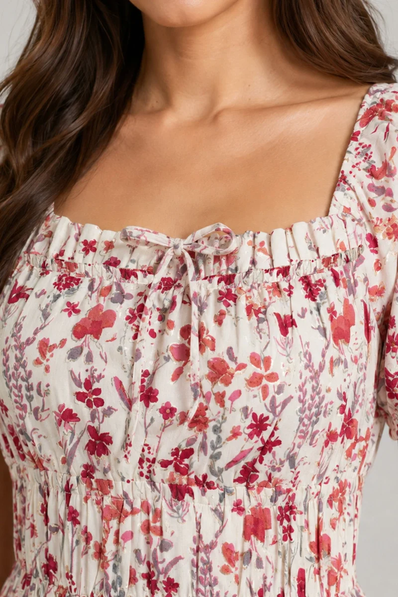 Molina|Viscose Floral Square Neck Midi Dress