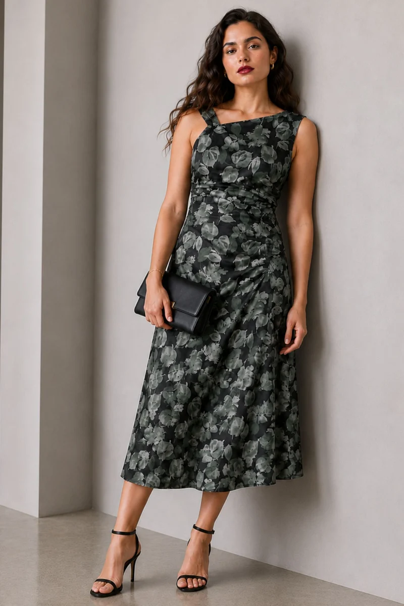 Arion|Cotton Ruched Asymmetrical Neck Midi Dress