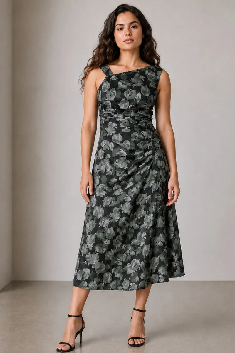 Arion|Cotton Ruched Asymmetrical Neck Midi Dress