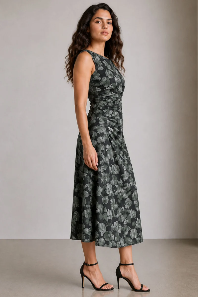 Arion|Cotton Ruched Asymmetrical Neck Midi Dress