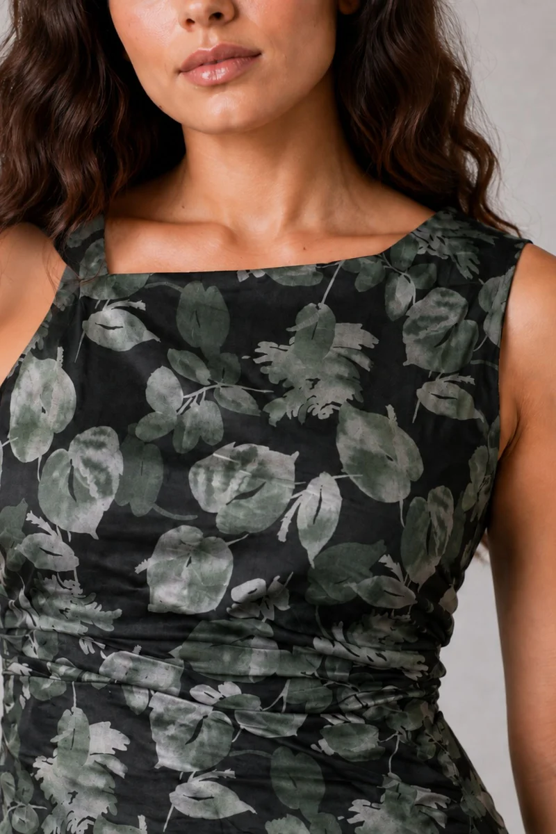 Arion|Cotton Ruched Asymmetrical Neck Midi Dress