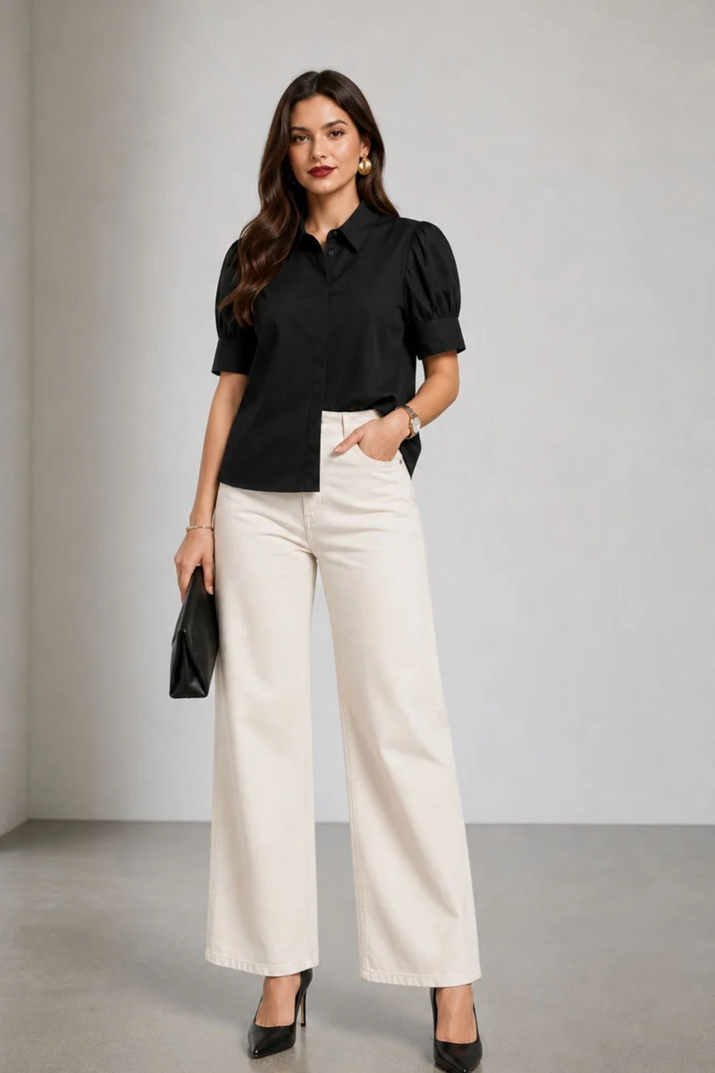 Naven|Cotton Angled Yoke Black Shirt