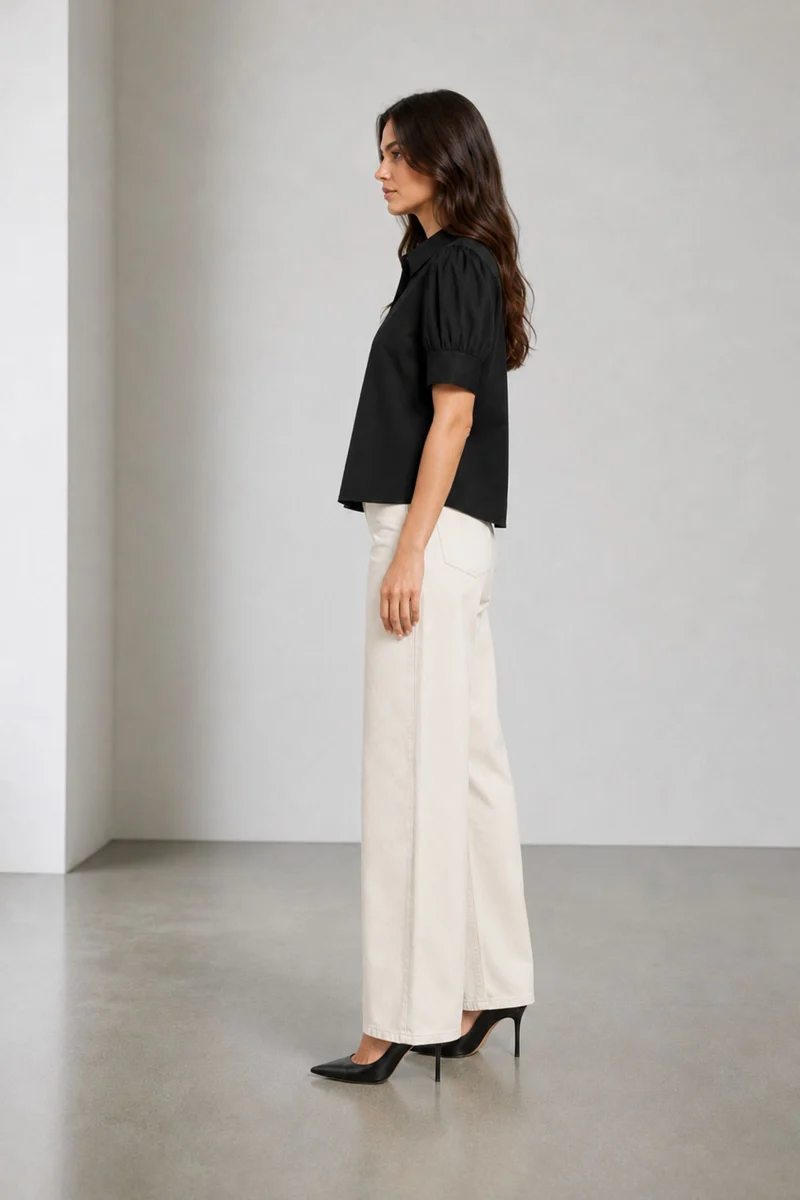 Naven|Cotton Angled Yoke Black Shirt