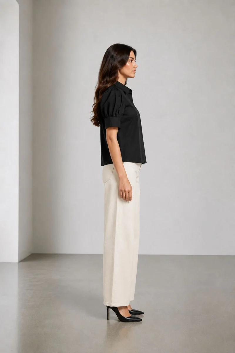 Naven|Cotton Angled Yoke Black Shirt