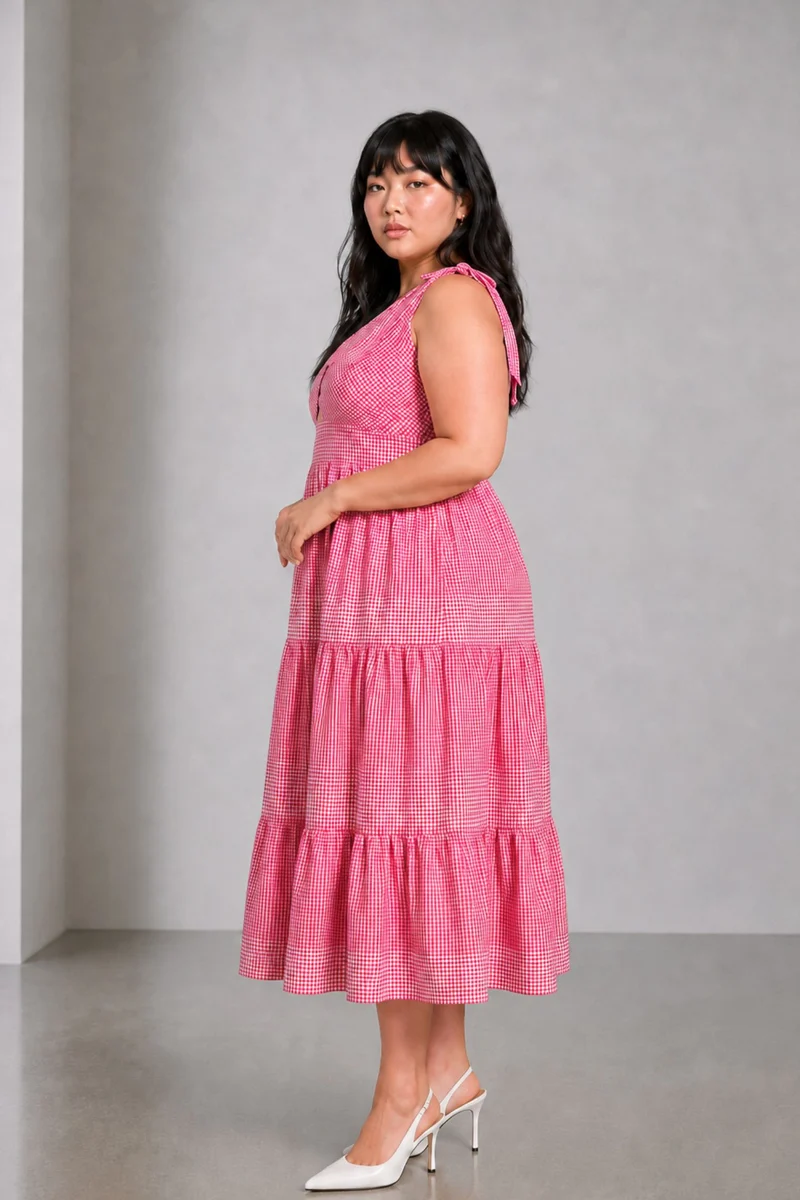 Noviax|Cotton Checkered Dress With Tie Ups