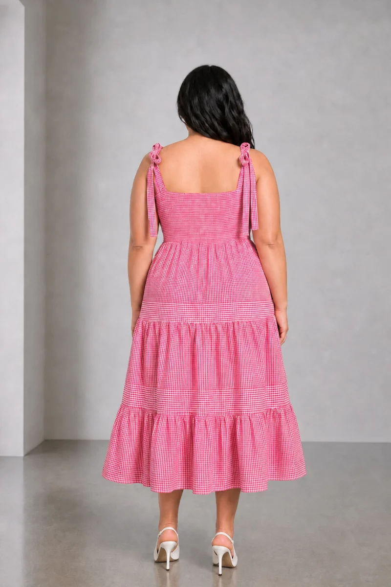 Noviax|Cotton Checkered Dress With Tie Ups