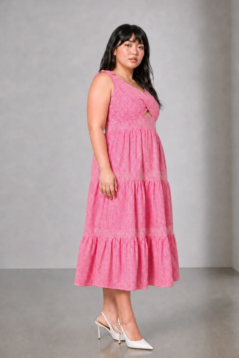 Noviax|Cotton Checkered Dress With Tie Ups