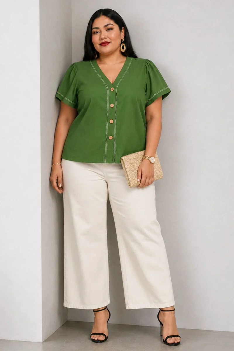Junel|Cotton Vneck Lace Detail Shirt