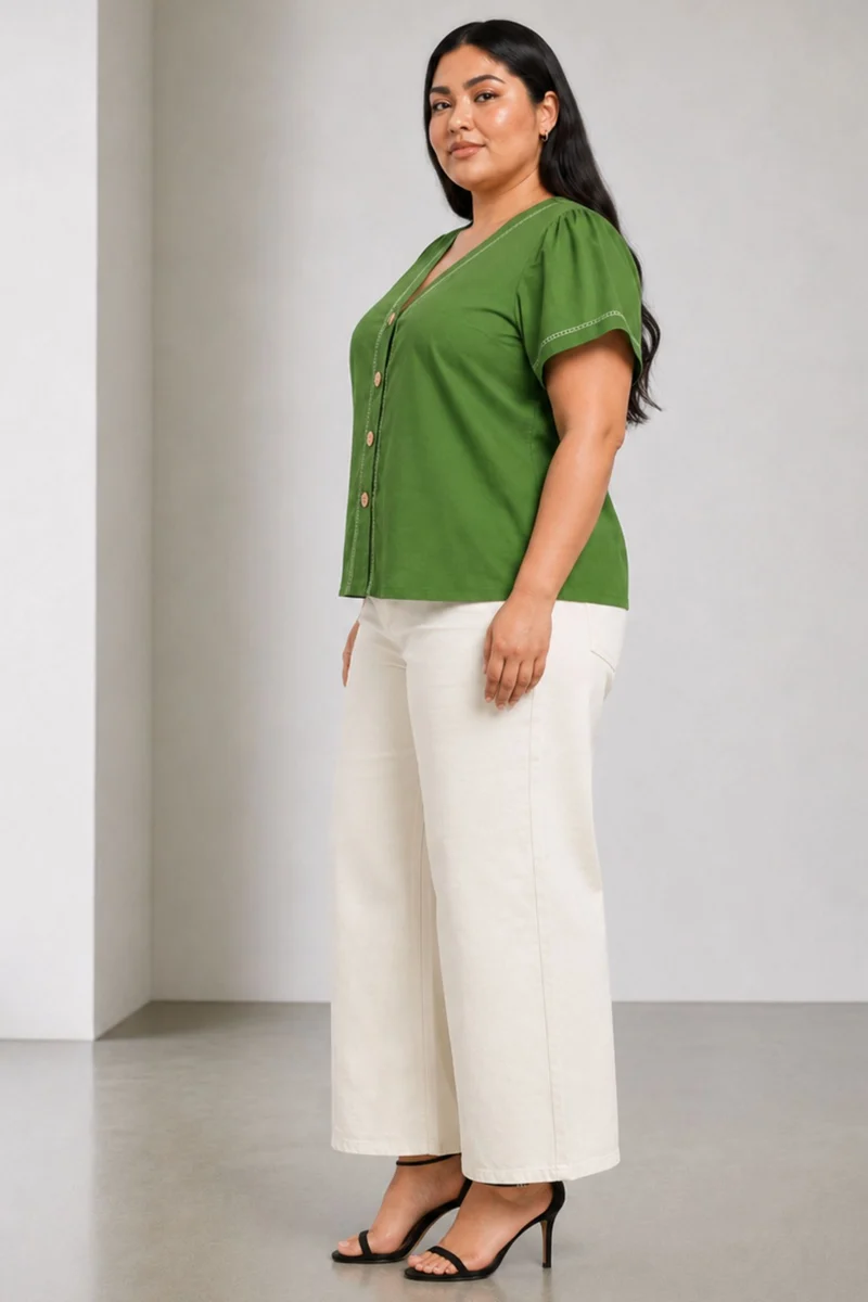 Junel|Cotton Vneck Lace Detail Shirt