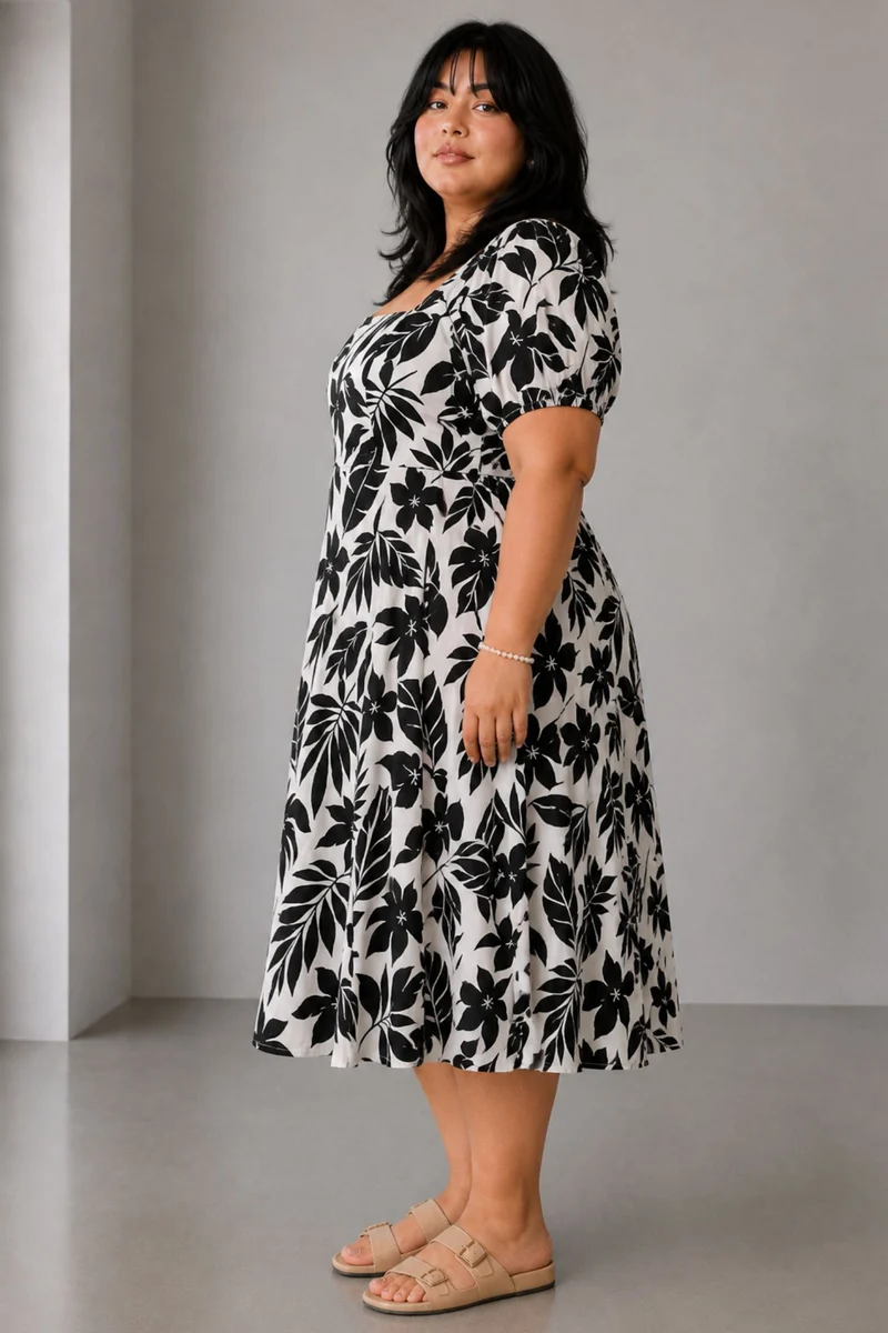 Mirel|Cotton Square Neck Puff Sleeve Midi Dress