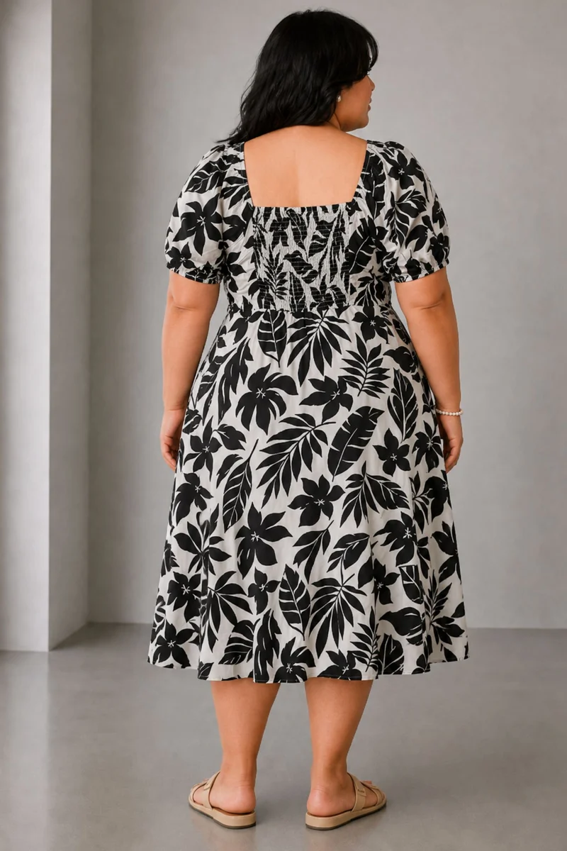 Mirel|Cotton Square Neck Puff Sleeve Midi Dress