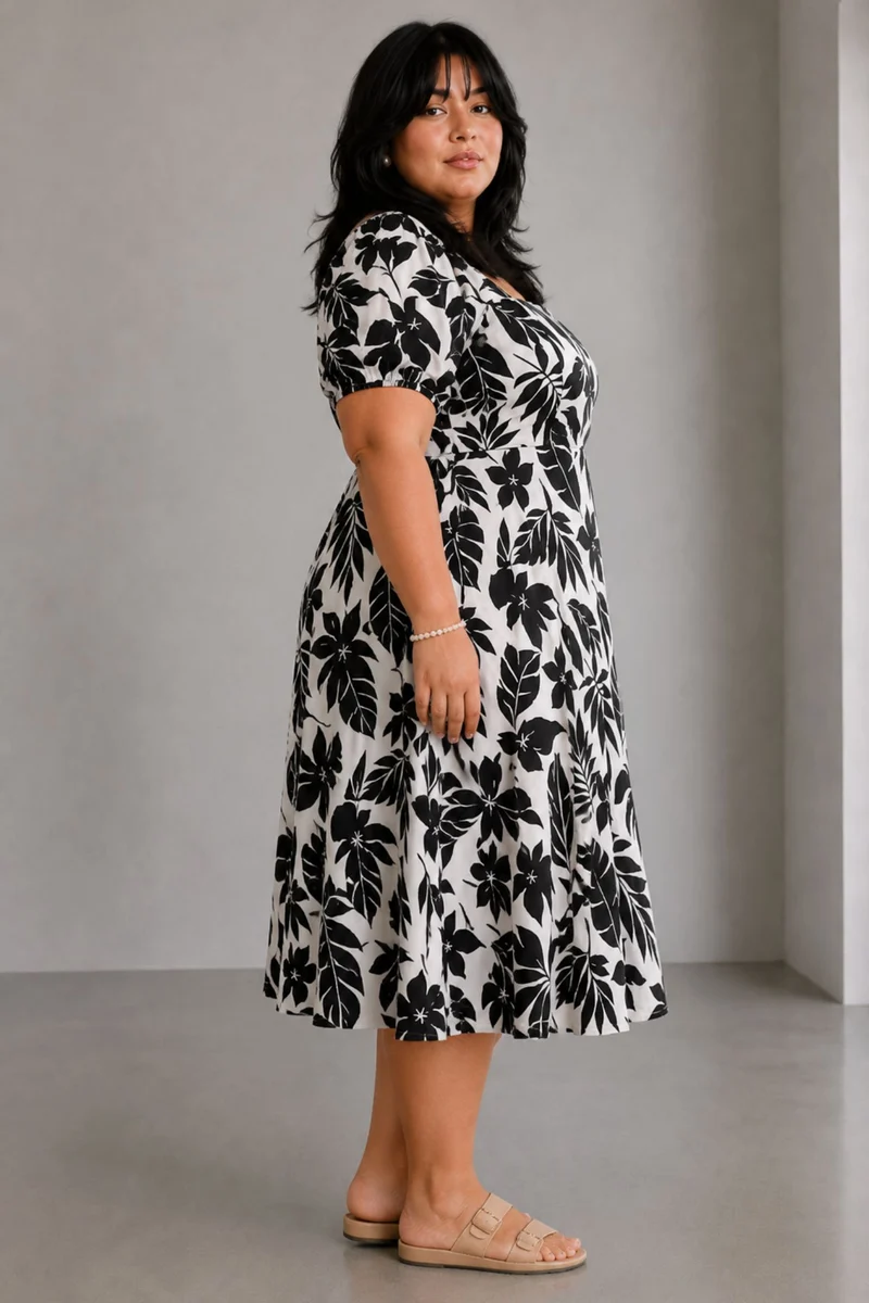 Mirel|Cotton Square Neck Puff Sleeve Midi Dress