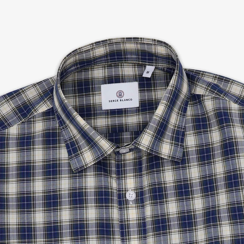 Chemise manches longues en coton bleue et beige à carreaux