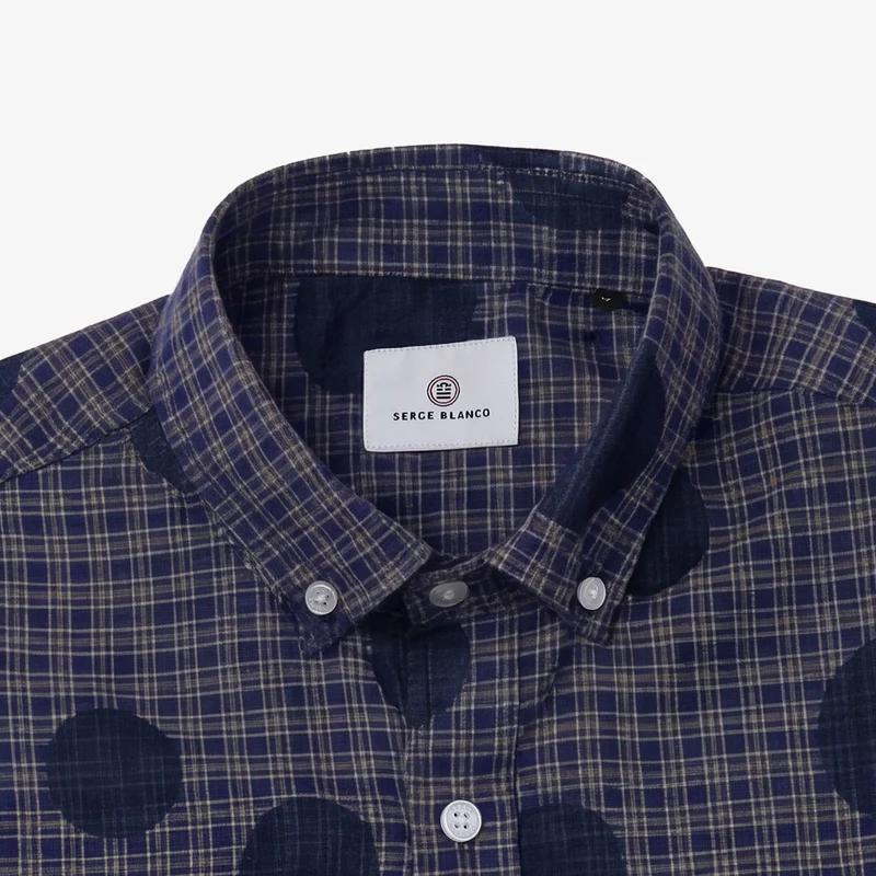 Chemise manches longues à carreaux et pois bleue