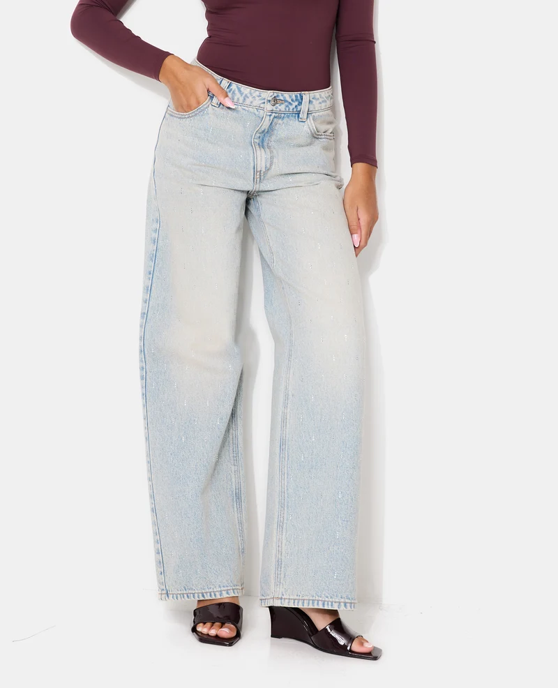 Jean wide taille haute avec strass