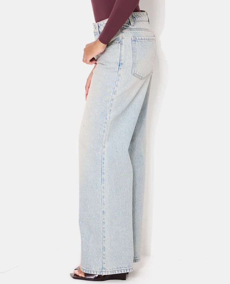 Jean wide taille haute avec strass