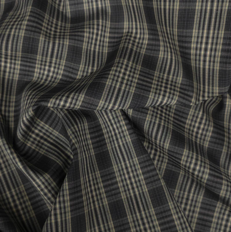 Tissu en coton tissé teint pour chemise | Fabriqué en Italie | Carreaux Noirs & Beiges