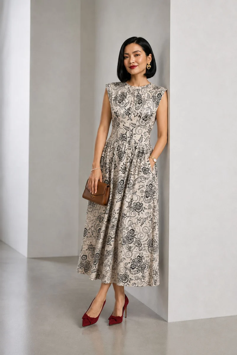 Calora|Cotton Printed Gathered Maxi Dress