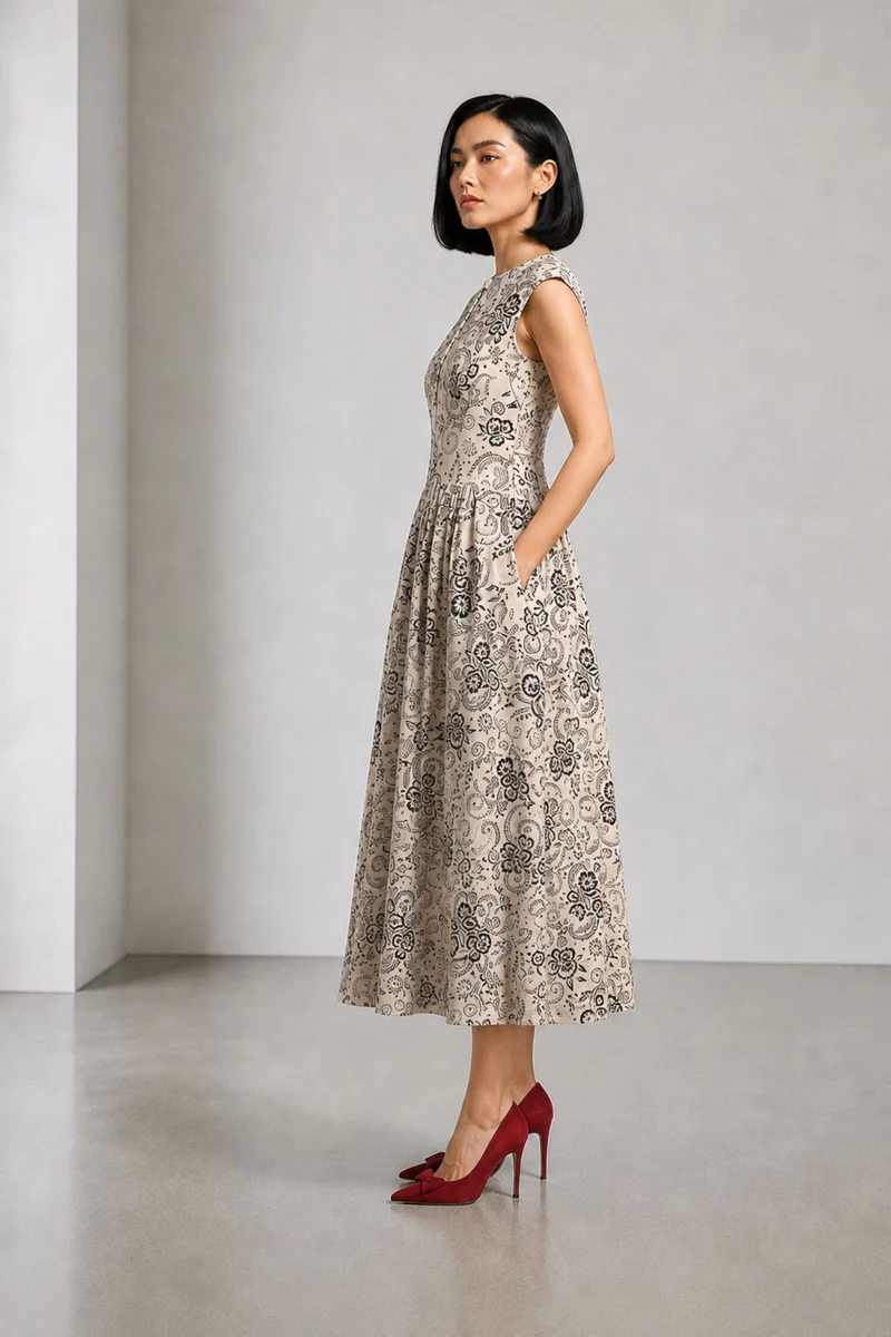Calora|Cotton Printed Gathered Maxi Dress