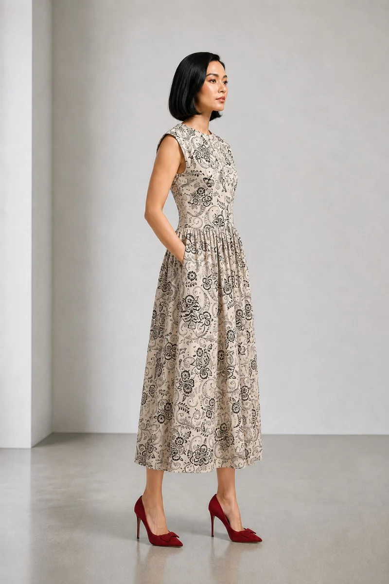 Calora|Cotton Printed Gathered Maxi Dress