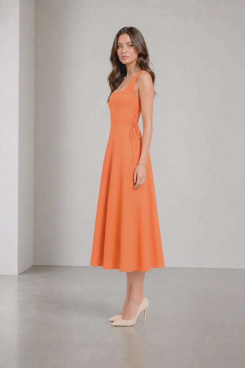 Mella|Viscose Side Lace Tieup Midi Dress