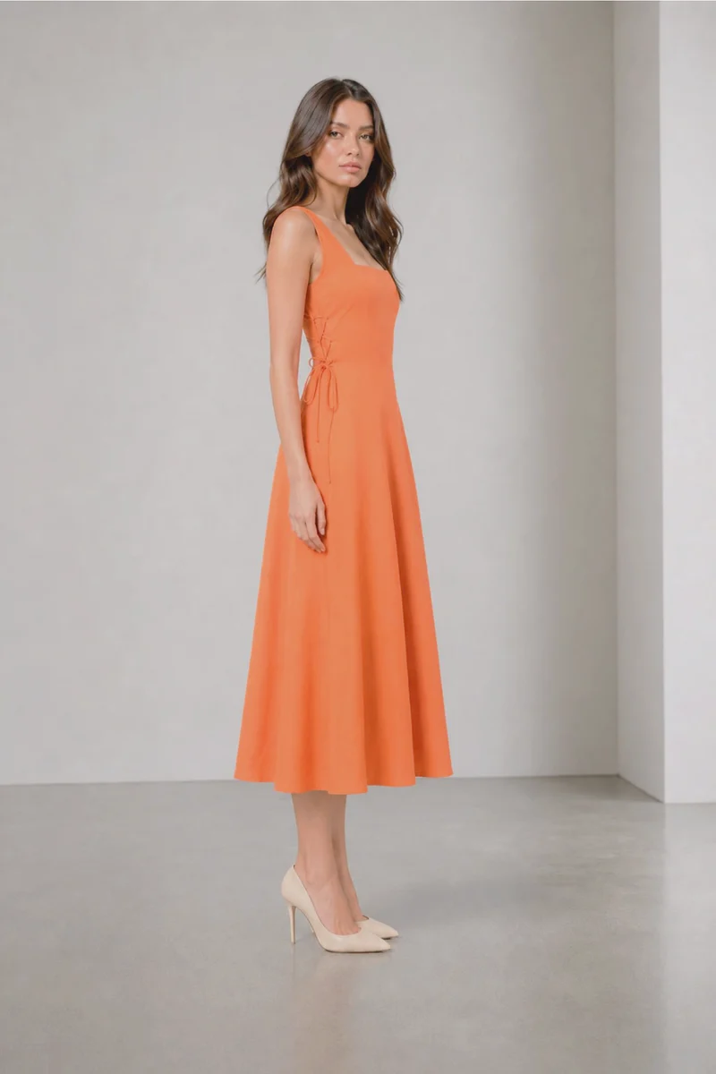 Mella|Viscose Side Lace Tieup Midi Dress