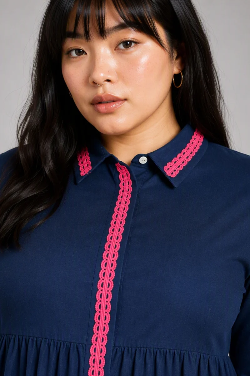 Aluna|Cotton Navy Embroidered Shirt Dress