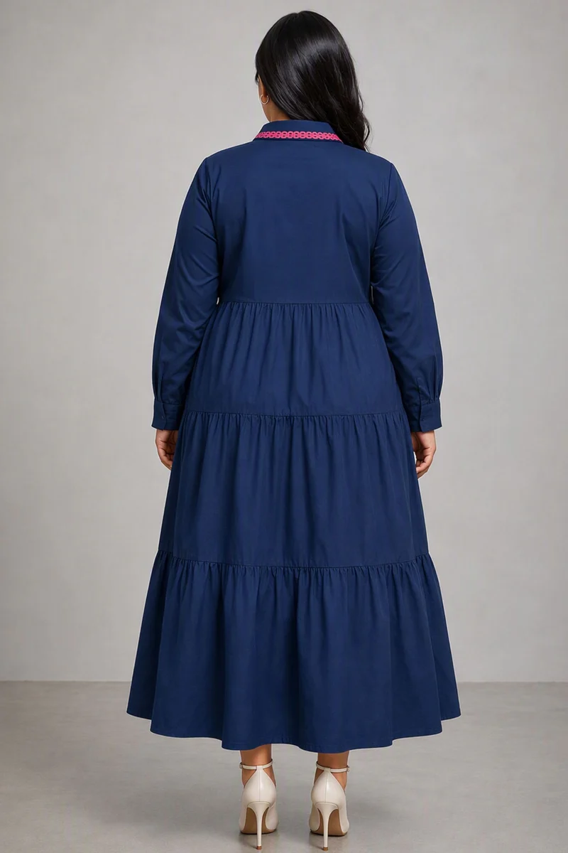 Aluna|Cotton Navy Embroidered Shirt Dress