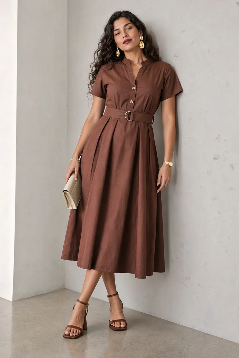 Tavia|Cotton Mandarin Collar Belted Midi Dress