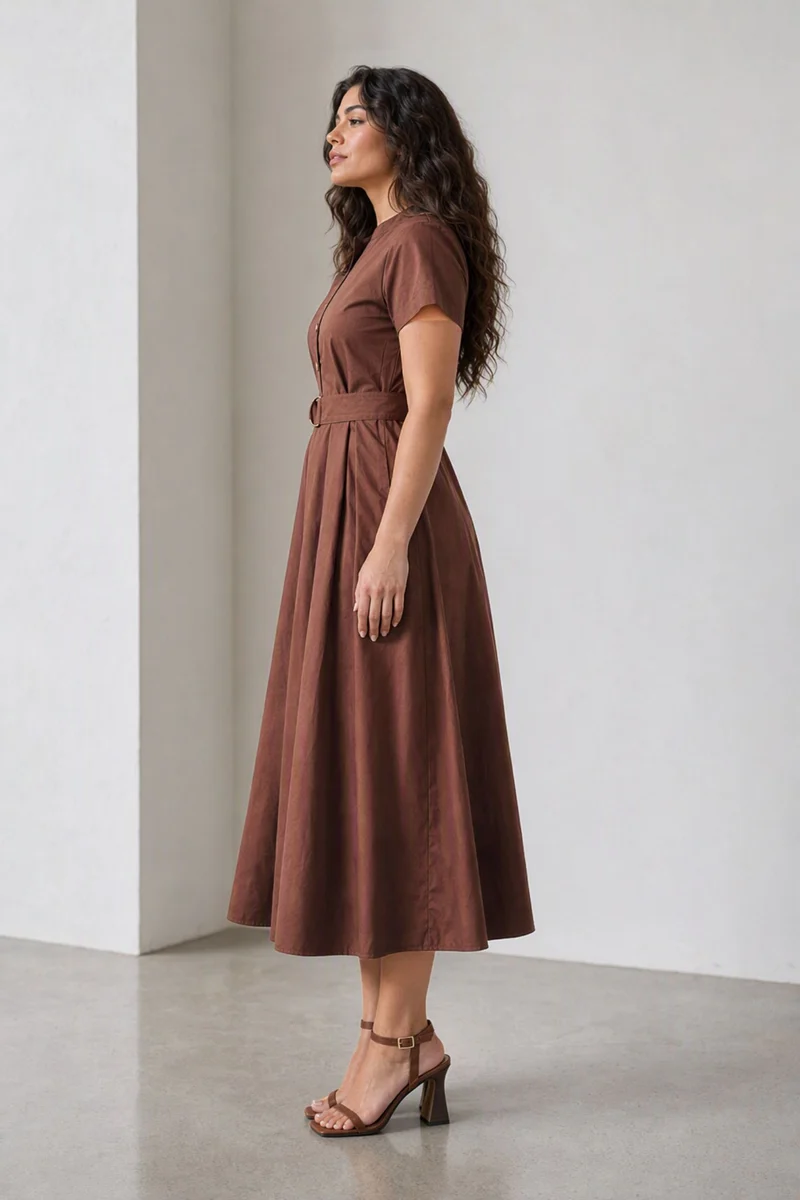 Tavia|Cotton Mandarin Collar Belted Midi Dress