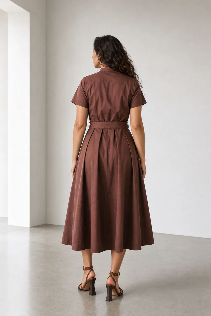 Tavia|Cotton Mandarin Collar Belted Midi Dress