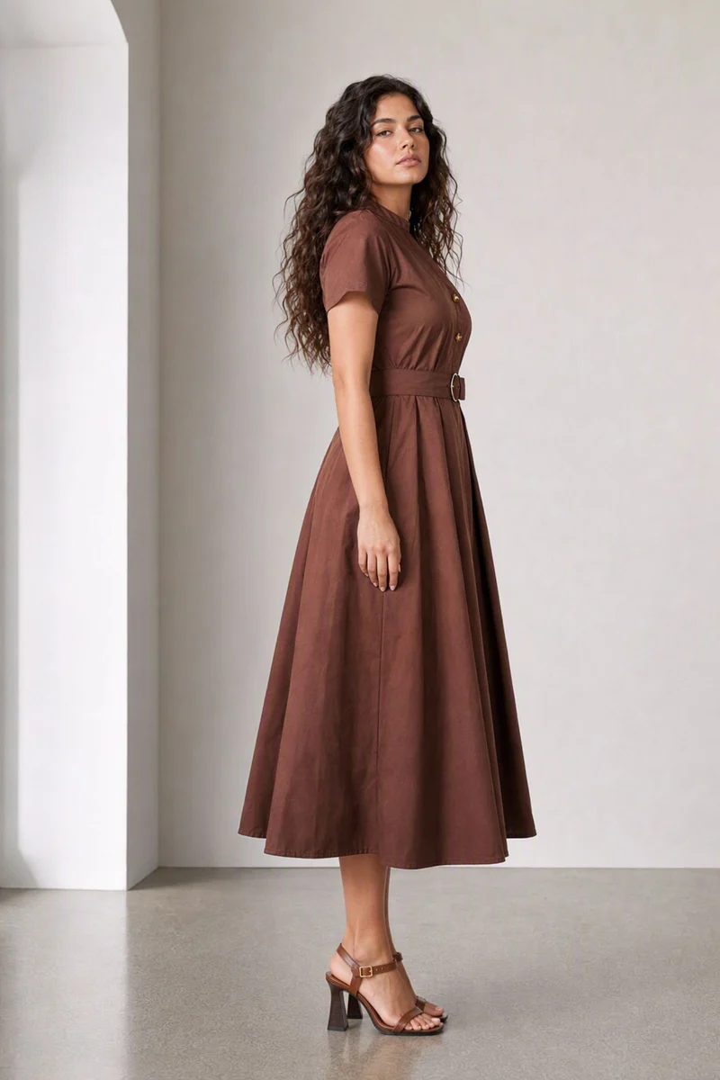 Tavia|Cotton Mandarin Collar Belted Midi Dress