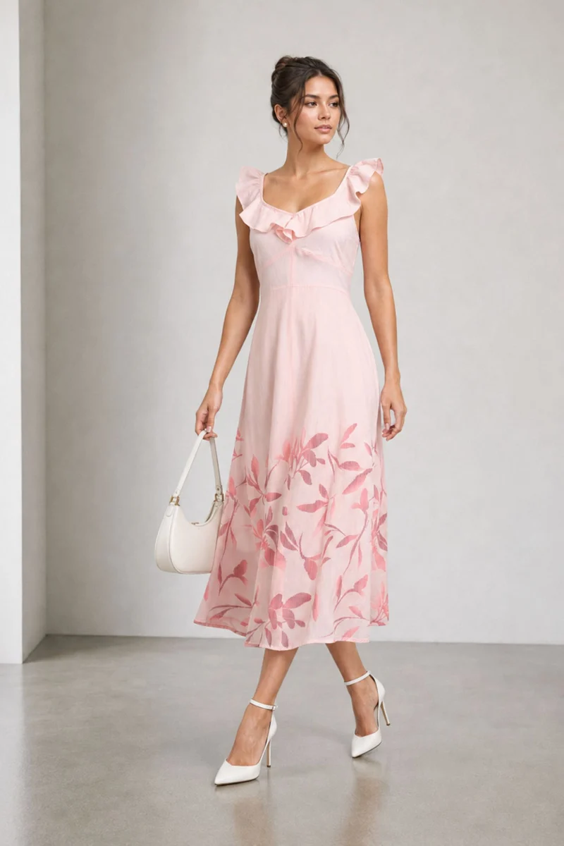 Seriva|Viscose Printed Ruffle Neck Midi Dress