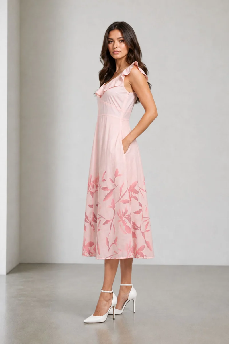 Seriva|Viscose Printed Ruffle Neck Midi Dress