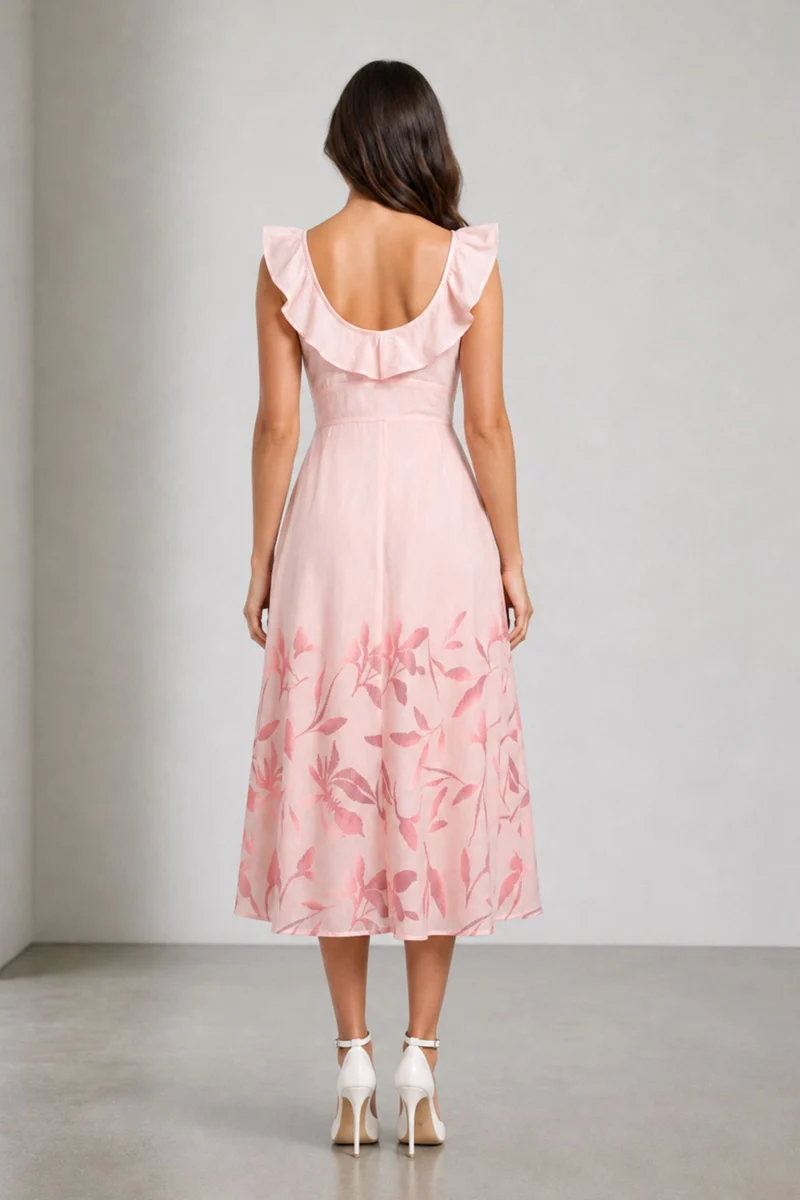 Seriva|Viscose Printed Ruffle Neck Midi Dress