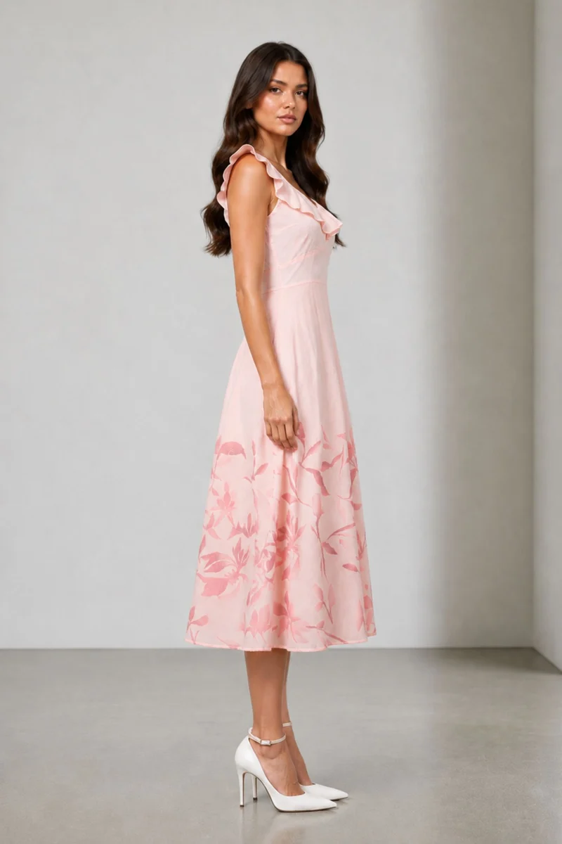 Seriva|Viscose Printed Ruffle Neck Midi Dress