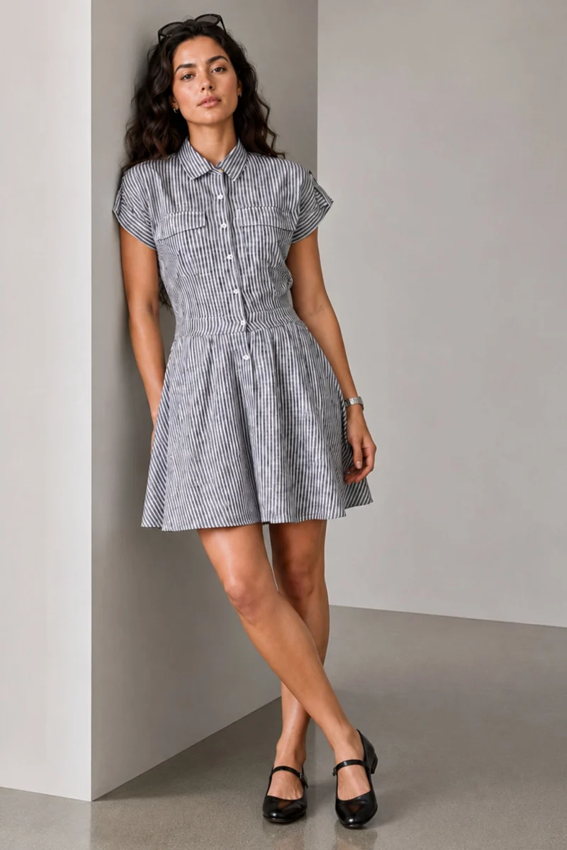 Tarin|Cotton Striped Mini Shirt Dress