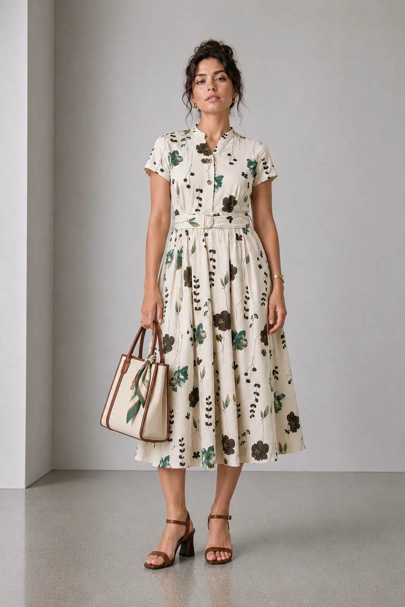 Nivo|Cotton Mandarin Collar Belted Midi Dress