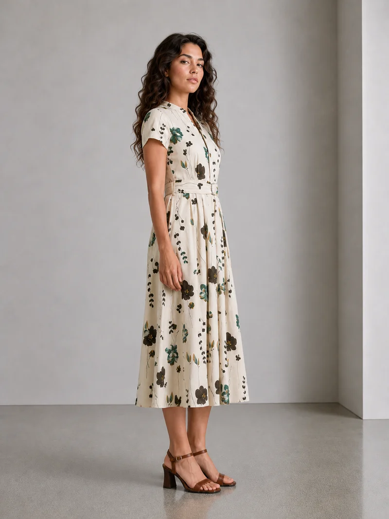 Nivo|Cotton Mandarin Collar Belted Midi Dress