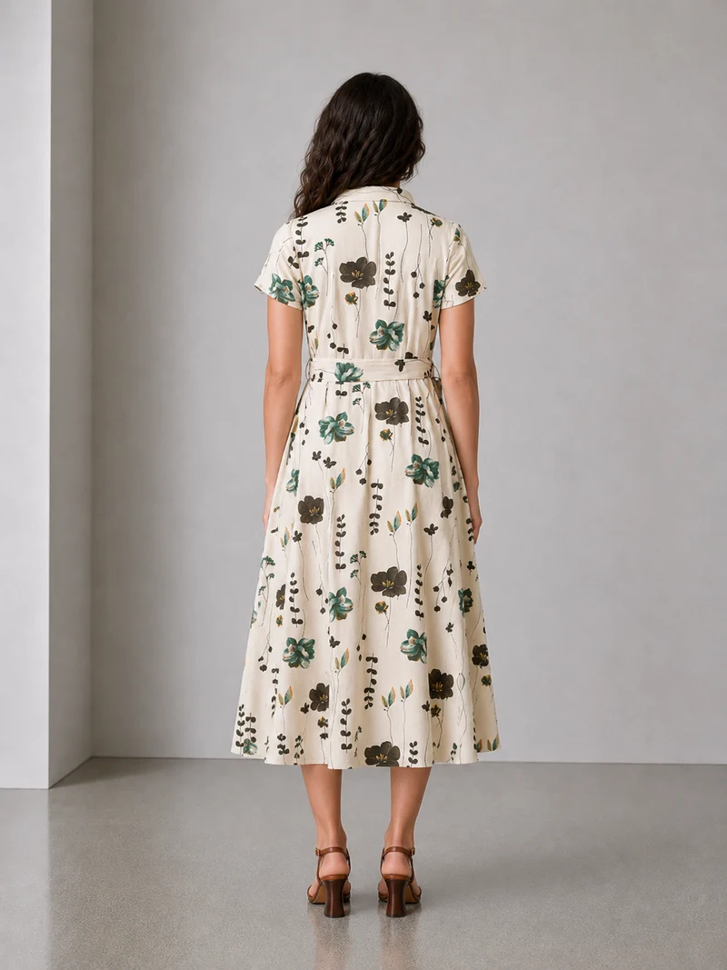 Nivo|Cotton Mandarin Collar Belted Midi Dress
