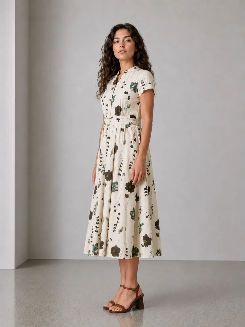 Nivo|Cotton Mandarin Collar Belted Midi Dress